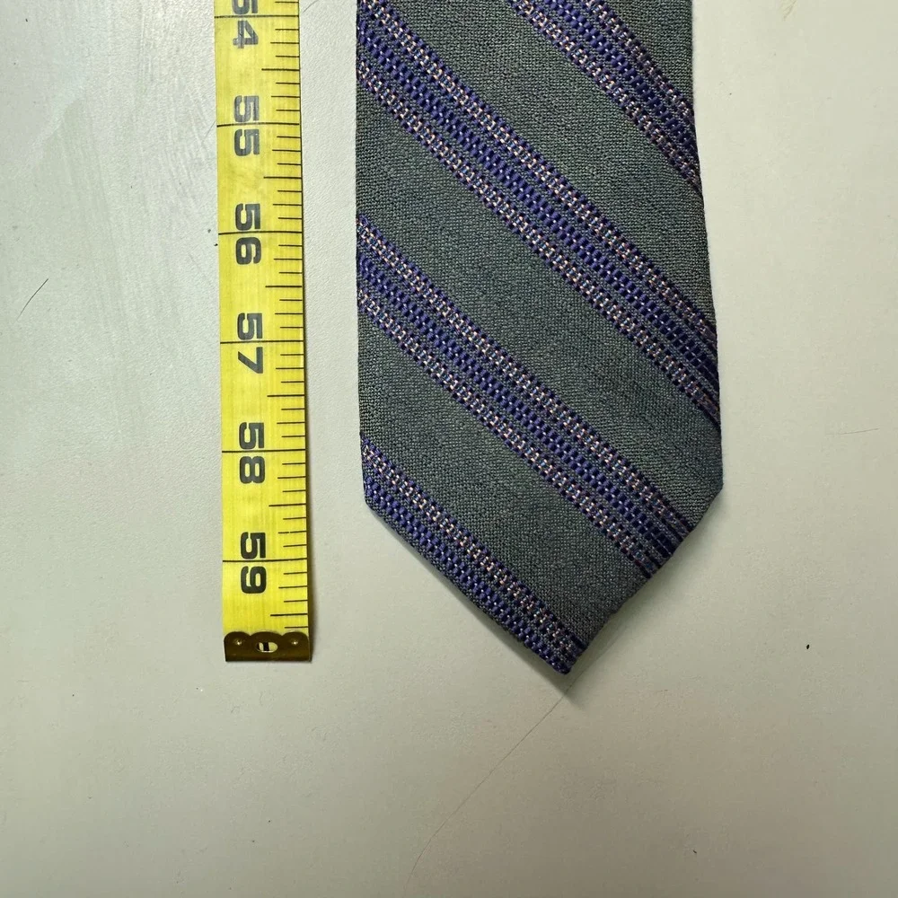 Cristalle Laurel Mens Silk Necktie Grey Purple Striped Made in USA 59 Inch Tie